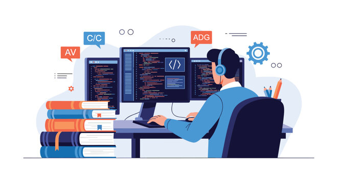 Skilled programmer wearing headphones while working on multiple screens to develop complex software applications and study technical documentation.