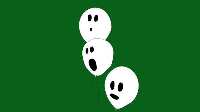 Cute Hand Drawn 2D Animated Ghost Balloons Floating on Green Screen Background