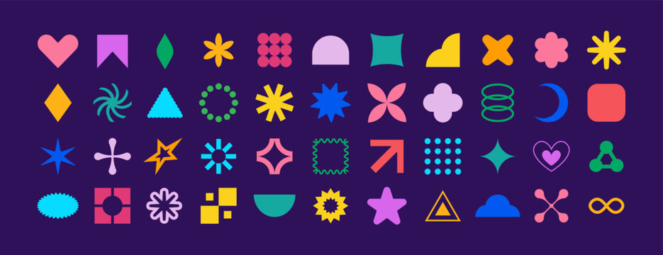 Colorful abstract graphic elements vector set with modern geometric icons, retro y2k symbols and playful decorative shapes for branding, social media, posters, stickers, web, packaging and creative