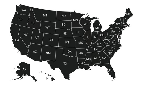 USA Map with States and Abbreviations on White Background