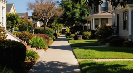 Obraz premium Quiet suburban street with neat houses and green lawns. Sidewalk path leads between manicured gardens and trees. Peaceful neighborhood setting ideal for lifestyle content.