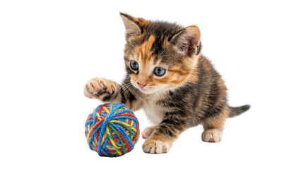 Playful calico kitten batting at colorful yarn ball isolated on transparent background cute young domestic cat with big blue eyes and tricolor fur texture engaged in active indoor hobby fun © ATIQULISLAM