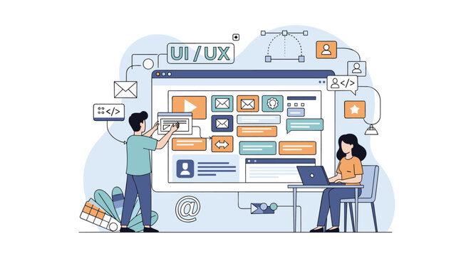 Creative designers collaborating on user interface and experience layouts for a responsive web application project.
