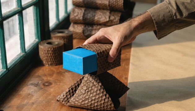 Hands arranging hexagonal eco packaging materials on a rustic wooden surface