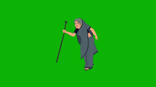 2D Animated Indian Elderly Woman Character Walking with Stick on Green Screen