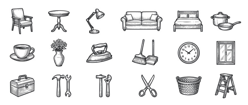 Collection of various household items and tools, rendered in a detailed vintage engraving style, showcasing everyday objects