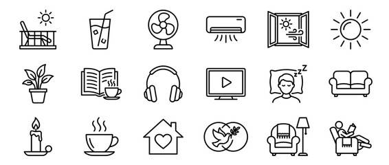 Fototapeta premium Comprehensive set of black outline icons representing various home comfort, relaxation, and leisure activities, presented with clean lines