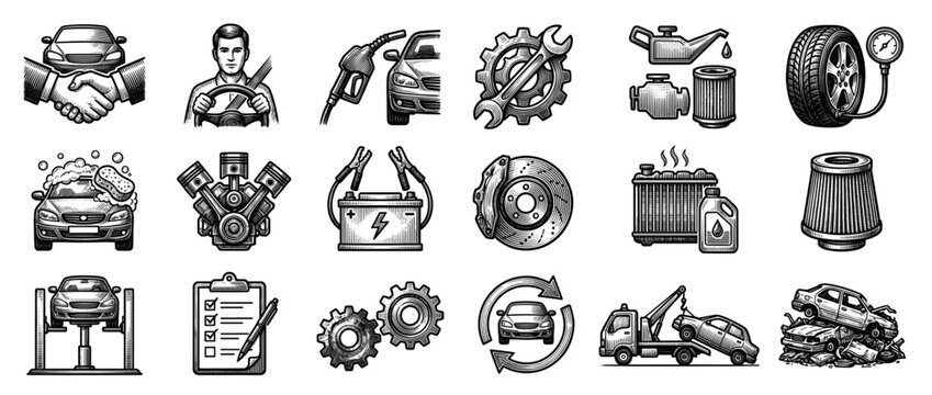 Comprehensive collection of black and white automotive repair and service icons, featuring various car parts and maintenance tasks in a detailed, vintage engraving style