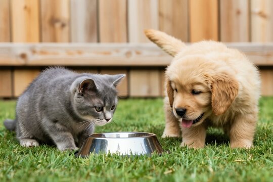 Small gray kitten and golden retriever puppy sit on grass near metal bowl. Young animals curiously look into empty dish together. Backyard lawn setting shows wooden fence.