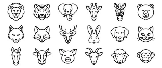 Fototapeta premium Collection of various animal head outline icons, including wild and domestic creatures, rendered in a clean, minimalist line art style