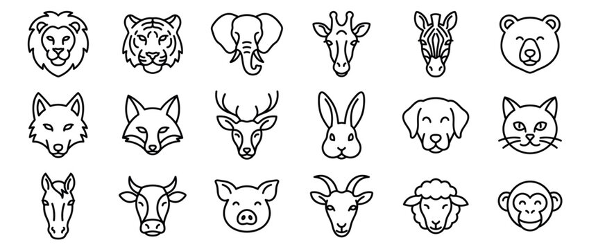 Collection of various animal head outline icons, including wild and domestic creatures, rendered in a clean, minimalist line art style