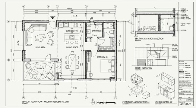 Modern residential unit floor plan with section and elevation details