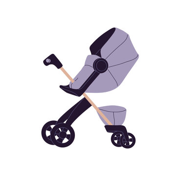 Modern baby stroller with high seat. Trendy child carriage with sunshade, cradle and storage. Kids ram for walks. Pushchair for toddlers and infants. Flat isolated vector illustration on white