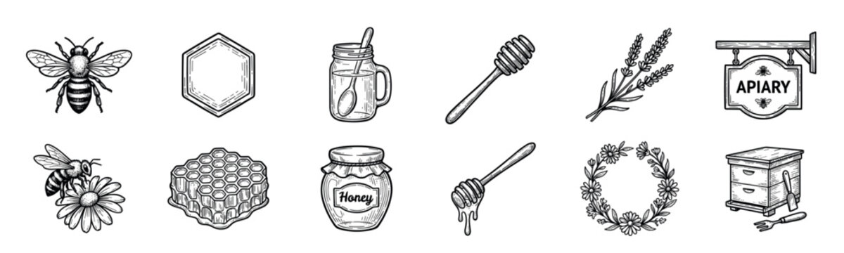 Detailed black and white engraving style vector illustration set of honey production elements including bees, honeycombs, and tools
