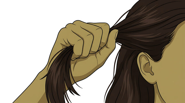 A hand gently brushes through a woman's long brown hair from behind.