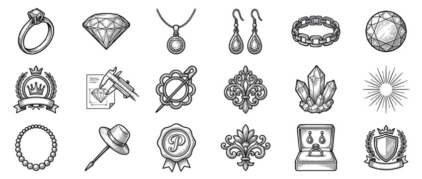 Collection of hand-drawn jewelry and gemology-related icons, including rings, diamonds, necklaces, earrings, and decorative elements, rendered in a vintage engraving style
