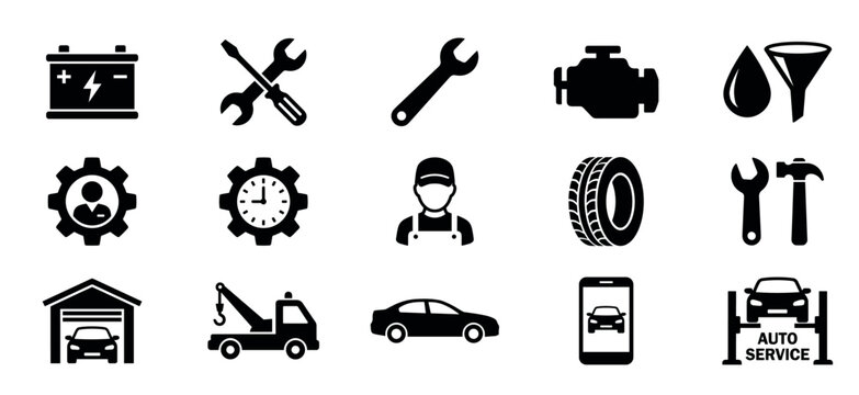 Comprehensive collection of black silhouette icons representing various auto service and car repair elements on a clean white field