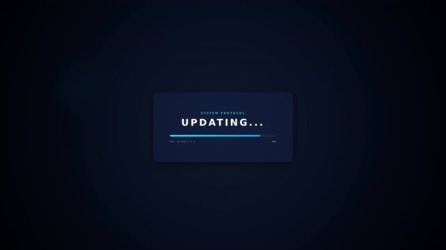 A dark screen displays a digital update message with progress bar, indicating a device or system is currently updating its software