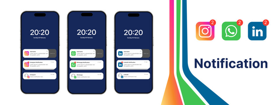 iPhone Lock Screen Notifications Mockup &ndash;Instagram, LinkedIn, WhatsApp App Alerts UI Design