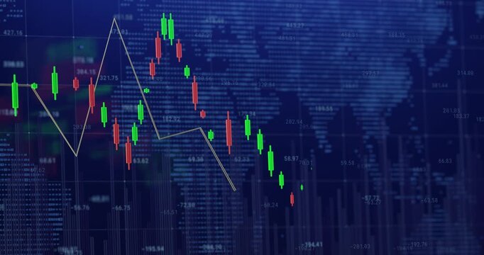 Digital stock market dashboard with glowing candlestick charts, financial analytics, and global trading data visualization for investment, fintech, economy, and business technology, 3D animation.