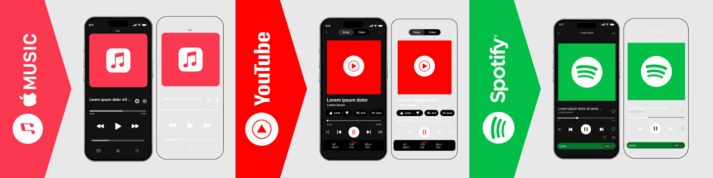Spotify, apple music, Youtube music player mockup. online music streaming UI interface and audio content design