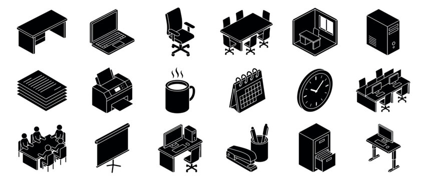 Comprehensive collection of isometric black office furniture and supplies icons, including desks, computers, and meeting rooms