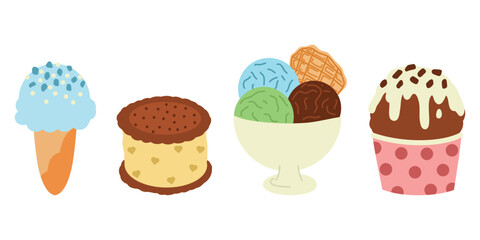 Cute Cartoon Ice Cream Set. Cone, Sandwich, Sundae Bowl and Cup Vector Illustrations. Different cold desserts collection, icecream