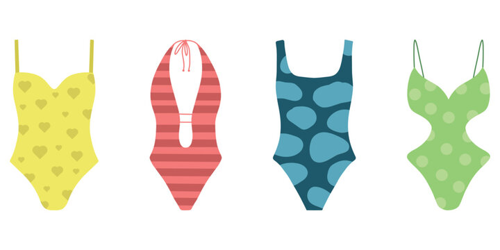 Bikini Set. Vector Cartoon Hand Drawn Illustration Summer Fashion. One piece swimsuits collection