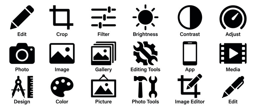 Comprehensive collection of black flat design icons representing various photo and video editing functions and tools