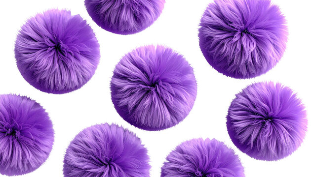Fluffy purple circular objects seemingly floating against a stark black background. They have a radial textured pattern