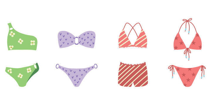 Bikini Swimwear Set. Vector Cartoon Hand Drawn Illustration Summer Fashion. Two set swimsuits collection