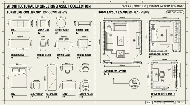 Architectural engineering furniture icon library and room layout examples
