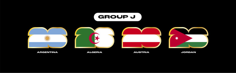 International soccer competition graphic featuring group J flags argentina, algeria, austria, jordan © ink drop