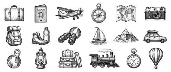 Obraz premium Comprehensive collection of vintage travel and adventure icons, featuring various modes of transport and exploration gear in a classic engraving style