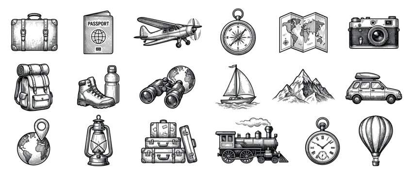 Comprehensive collection of vintage travel and adventure icons, featuring various modes of transport and exploration gear in a classic engraving style