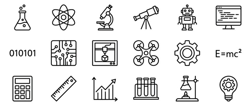 Comprehensive collection of eighteen black outline science and technology icons, including a flask, atom, microscope, and robot, arranged neatly