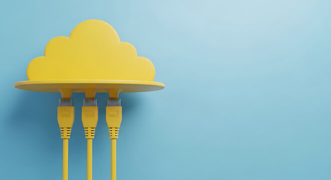 Yellow cloud symbol with ethernet network cables computing ethernet connection internet technology communication hardware infrastructure transfer