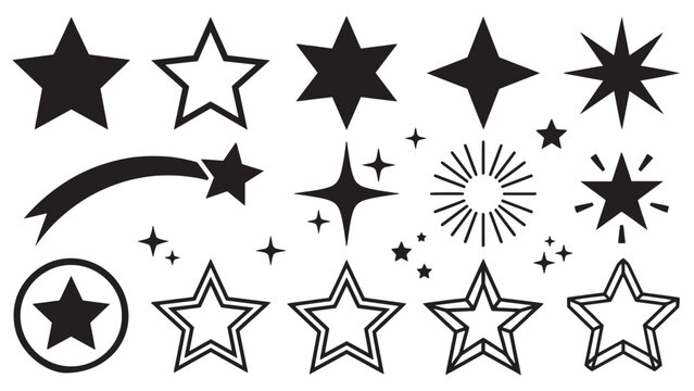 Star icon set with solid outline shooting sparkling burst and banner styles for rating achievement decoration and festive design