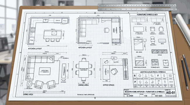 Modern home interior furniture and symbols technical plan