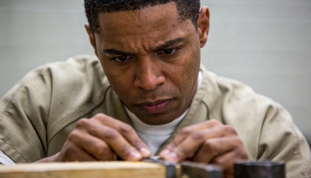 Focused man working with tools in jail employment program showing determination and skill in workshop environment