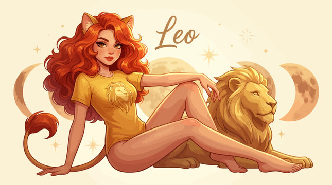 Stylized illustration of a woman with lion features and a golden lion, representing the Leo zodiac sign.
