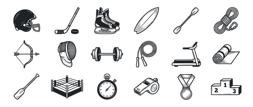 Various black and white hand-drawn sports equipment icons are arranged in a grid pattern, depicting athletic activities and competition