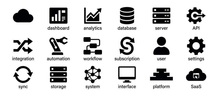 Comprehensive collection of black flat icons representing various cloud computing and software development concepts, arranged neatly in rows
