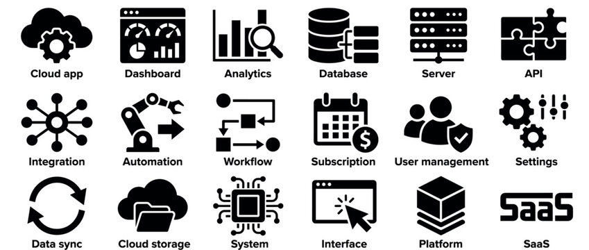 Comprehensive collection of black flat vector icons representing various software and cloud computing concepts, displayed in a grid