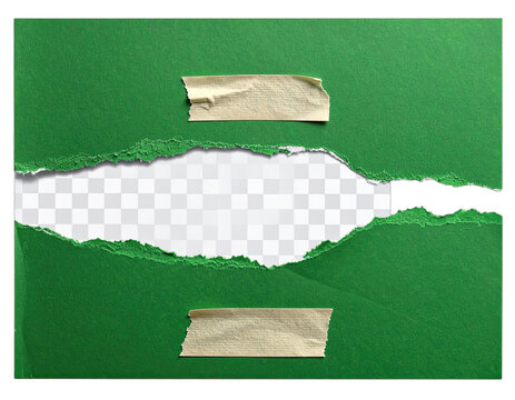 Torn green paper revealing a checkered background, held by tape