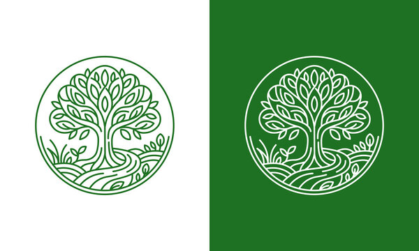 A stylized illustration of the Tree of Life, depicted as a circular emblem with intricate branches and leaves, set against a backdrop of a flowing river and grass, presented in a clean, minimalist lin
