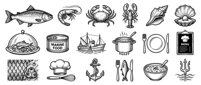 Various marine food and fishing related objects are depicted in a detailed black and white engraving style illustration