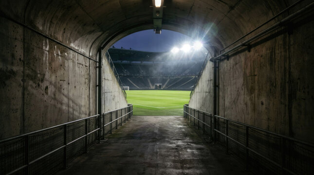 Dark tunnel leads to brightly lit soccer field with green grass and empty stadium seating