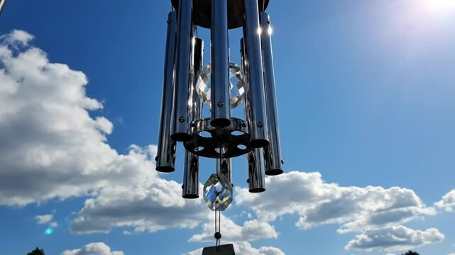 Close-up of a decorative wind chime with crystals hanging in the bright blue sky with fluffy white clouds, soothing sound