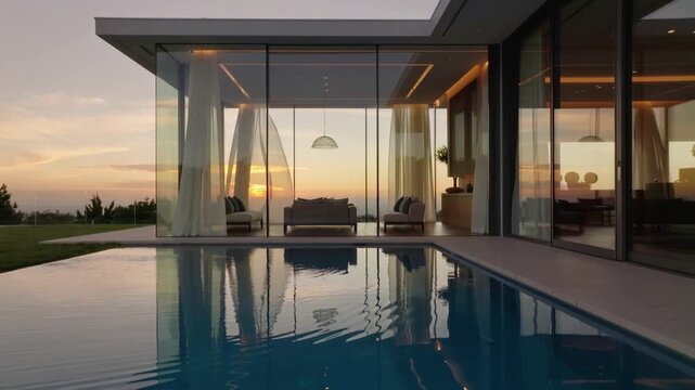 Blowing breeze billowing sheer curtains and rippling infinity pool at sunset, facade glowing